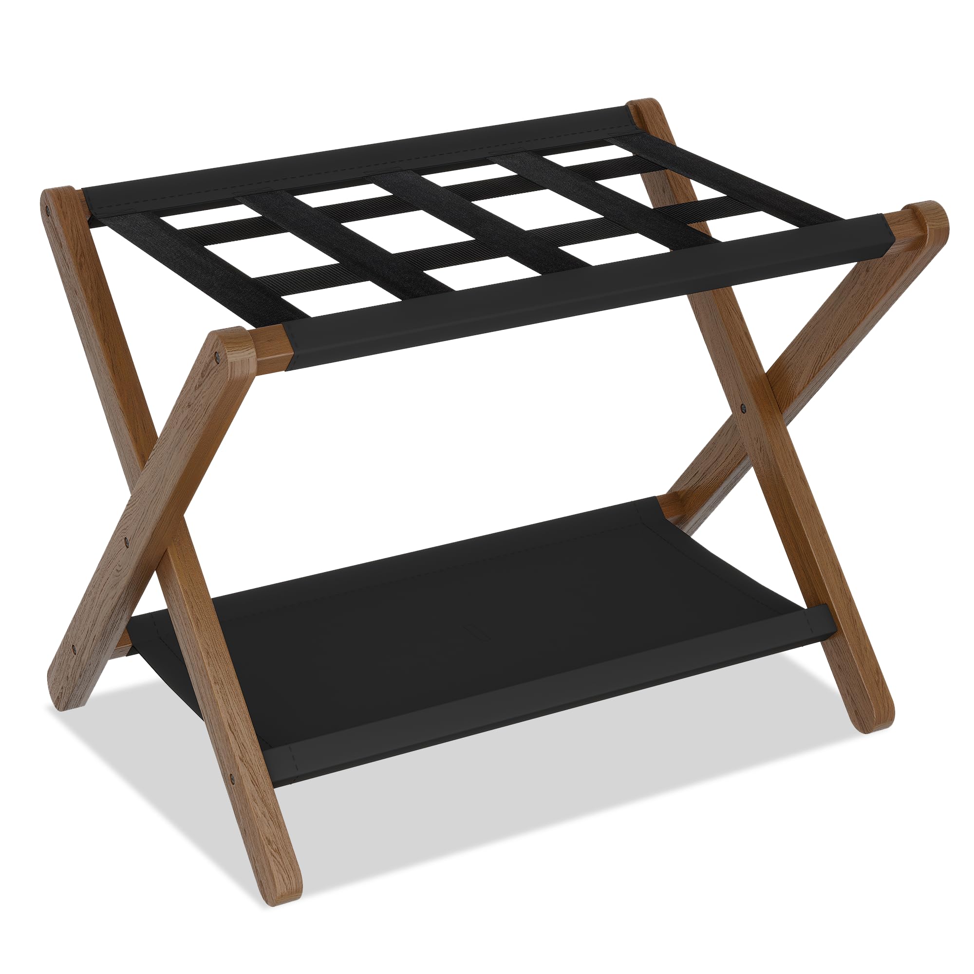 Photo 1 of **MISSING ASSEMBLY HARDWARE** Heybly Luggage Rack, Folding Suitcase Stand with Storage Shelf, Luggage Holder with 5 Nylon Straps for Guest Room Bedroom Hotel, Walnut, HLR010WB1