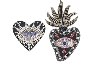 INFUNLY 2PCS Evil Eye Beaded Applique Patches Evil Eye Embroidered Applique Patches Evil Eyes Heart Rhinestone Patches Heart Sewing Repair Patches 2 Styles Eye DIY Craft Accessories Gifts for Clothing