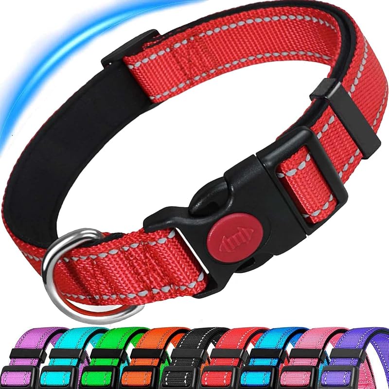 ATETEO Reflective Dog Collar Adjustable Nylon Neoprene Padding Red M 13-19.7in