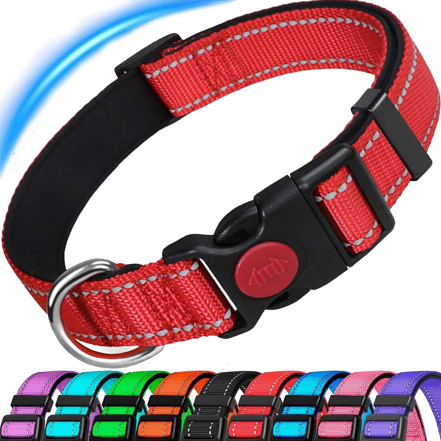 ATETEO Reflective Dog Collar with Safety Locking Buckle and Soft Neoprene Padded, Adjustable Durable Nylon Puppy Collar for Medium large Dogs ,Red,L: 17.7-27.5 inch