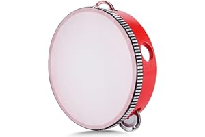 Flexzion Wooden Round Tambourine for Kids and Adults 6" Inch Single Row 8 Pair Jingles, Red Handheld Percussion Instrument fo