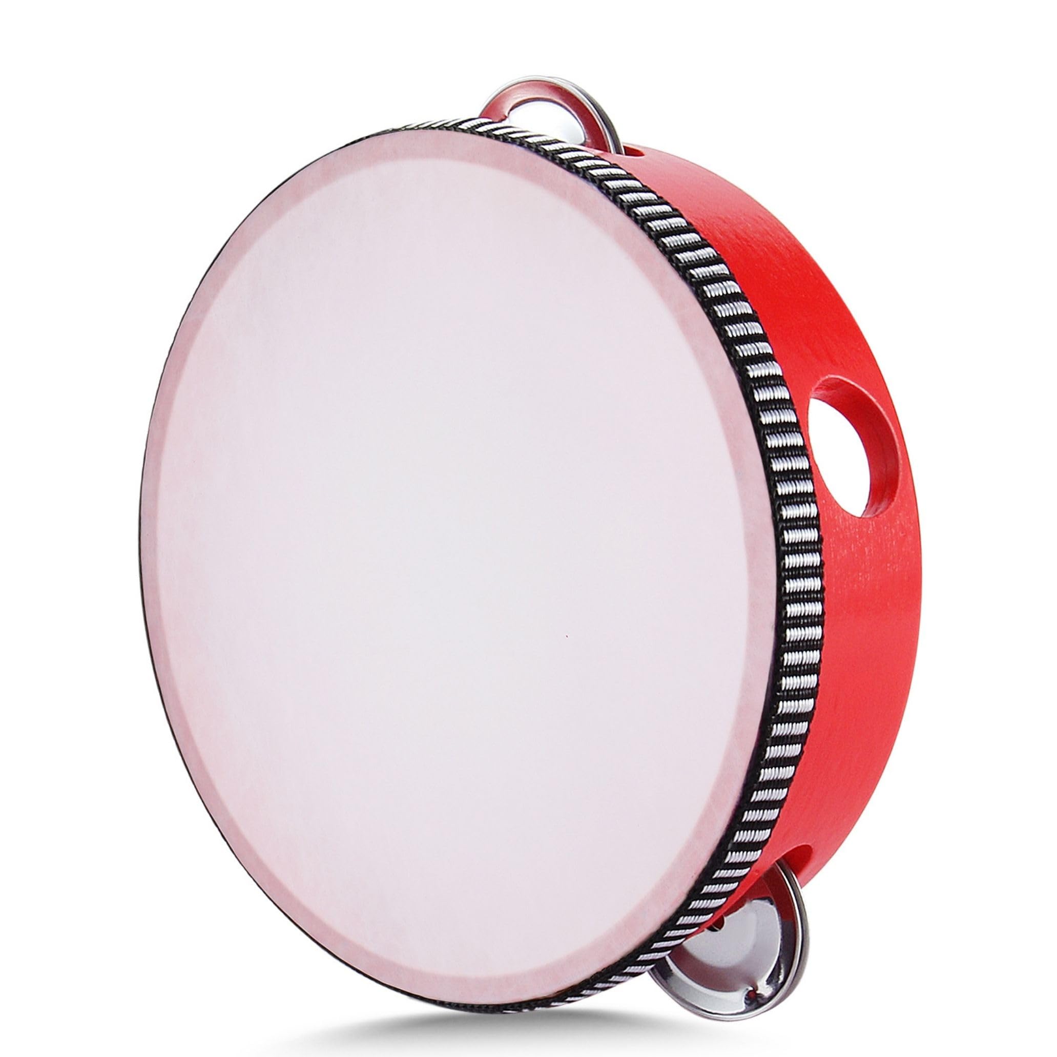 Flexzion Wooden Round Tambourine for Kids and Adults 6" Inch Single Row 8 Pair Jingles, Red Handheld Percussion Instrument for Beginner and Professional Tambourine Player
