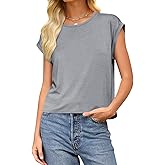 Women Crewneck Cap Sleeve T Shirts Basic Summer Casual Tops Loose Fit Tee Solid Color Blouse