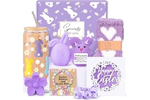 Frerdui Easter Basket Stuffers for Women & Teen Girls, Prefilled Easter Gifts Basket for Women & Teen Girls with Bunny Glass 