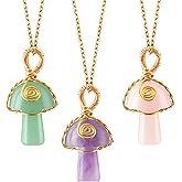 Remerry 3 Pieces Christmas Mushroom Gifts Mushroom Crystal Necklace for Women Pink Crystal Green Jade Amethyst Jewelrys with Adjustable Link Chain for Wedding Party Jewelry Gift
