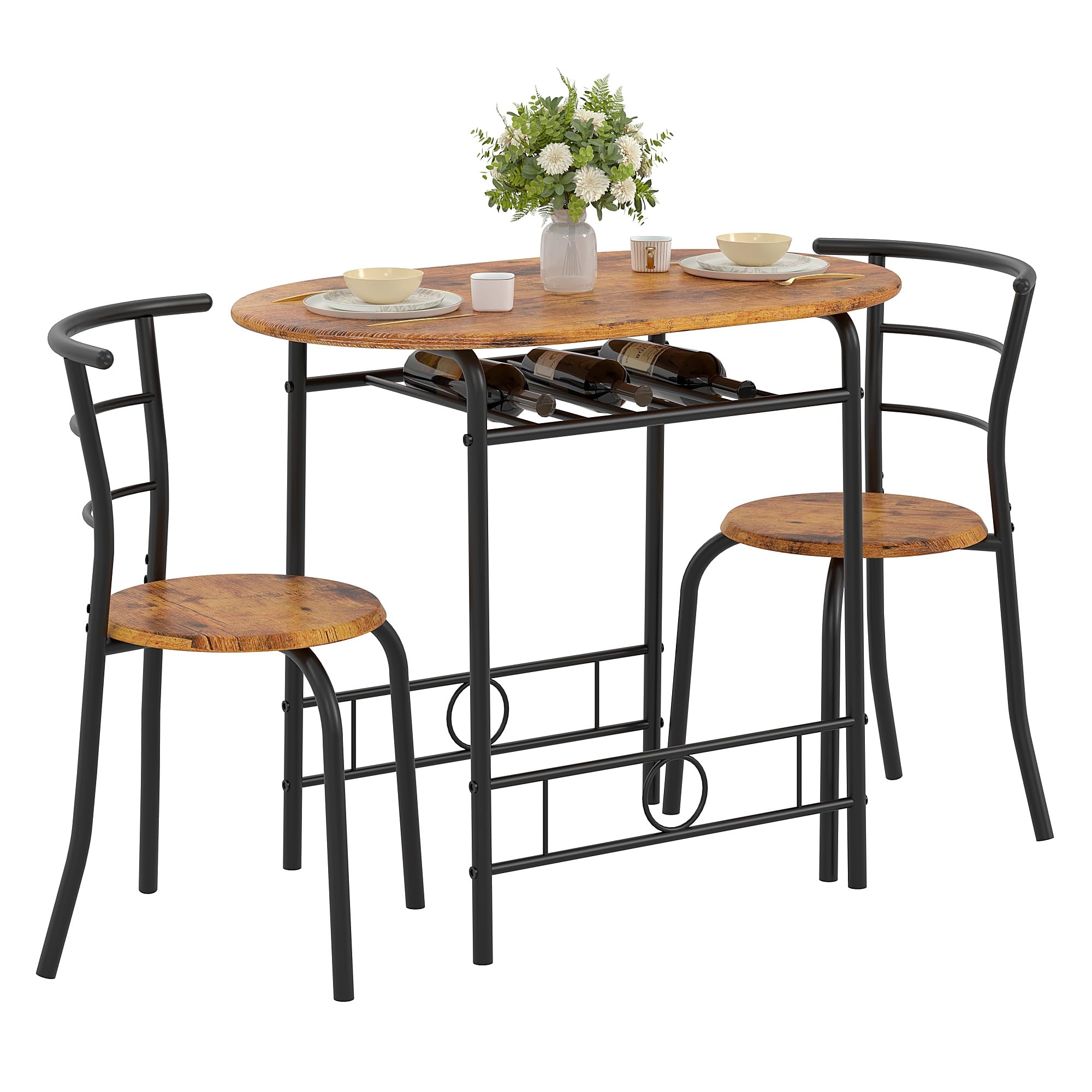 Photo 1 of ***NONE STURDY LEGS*** VECELO 3-Piece Dining Table Set for Kitchen Breakfast Nook, Wood Grain Oval Tabletop and Metal Frame with Built-in Wine Rack, for Small Spaces, Antique Brown & Black