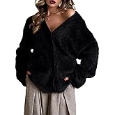Gihuo Women' s Fuzzy Cardigan Sweaters V Neck Fluffy Cardigan Long Sleeve Button Down Knit Furry Sweater with Pockets