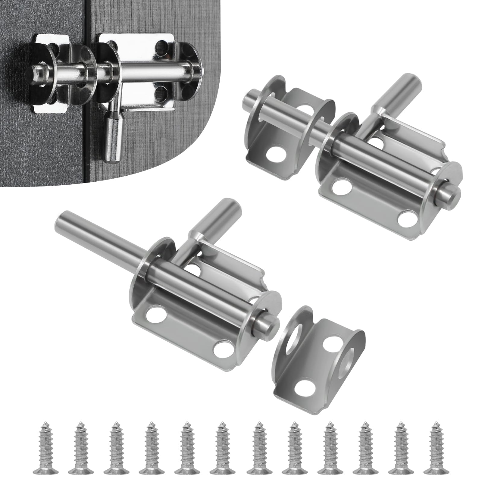 Wkmamo 2 Pcs Sliding Door Lock Stainless Steel,Latch Sliding Door Lock,Door Security Slide Latch Lock,Door Bolts Lock Latch for Bathroom Pet Doors Fences Shed Doors (2, Silver Coloured)