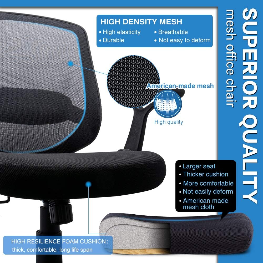 KOLLIEE Mid Back Mesh Office Chair Ergonomic Swivel Black Desk Office Chair Flip Up Armrests with Lumbar Support Adjustable Height Computer Task Chairs: Kitchen & Dining
