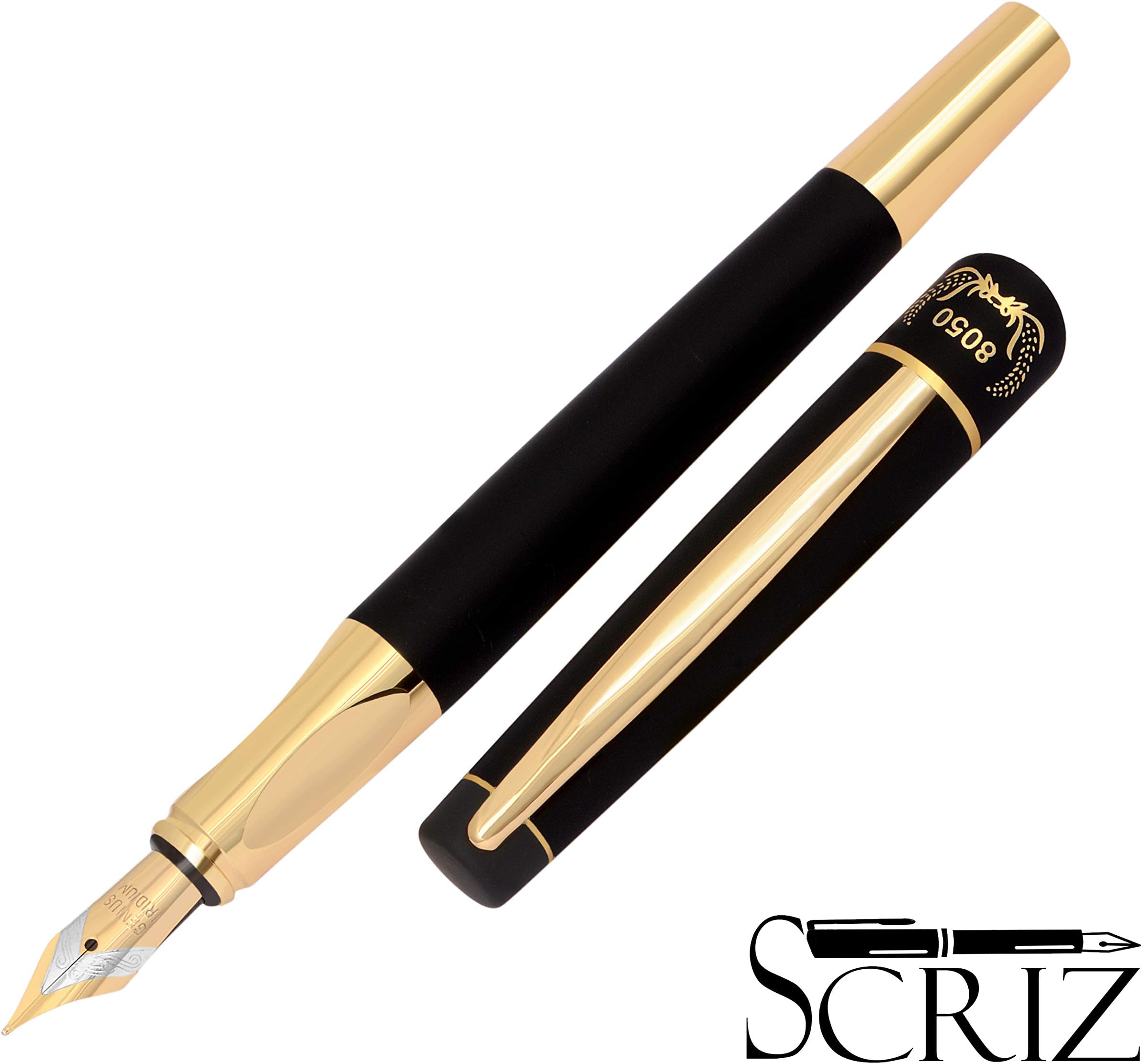 SCRIZ™ LIMITED EDITION Black - Gold Buff-Smooth Brass Body & Gold Plated Cap Clip With Germany Iridium Nib Fountain Ink Pen (SZ-0088)