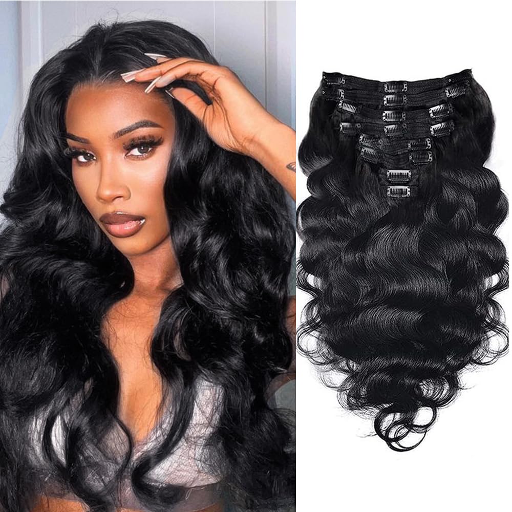 Brazilian Virgin Body Wave Clip in Human Hair Extensions 8Pcs/lot 120g With 18 Clips Body Wave Clip in Hair Extension Real Human Hair Natural Black Color For Black Women (18Inch) — image 1