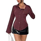 Striped Long Sleeve Button Down Shirt for Women Y2k Fitted Collared Button Up Blouse Office Work Tops