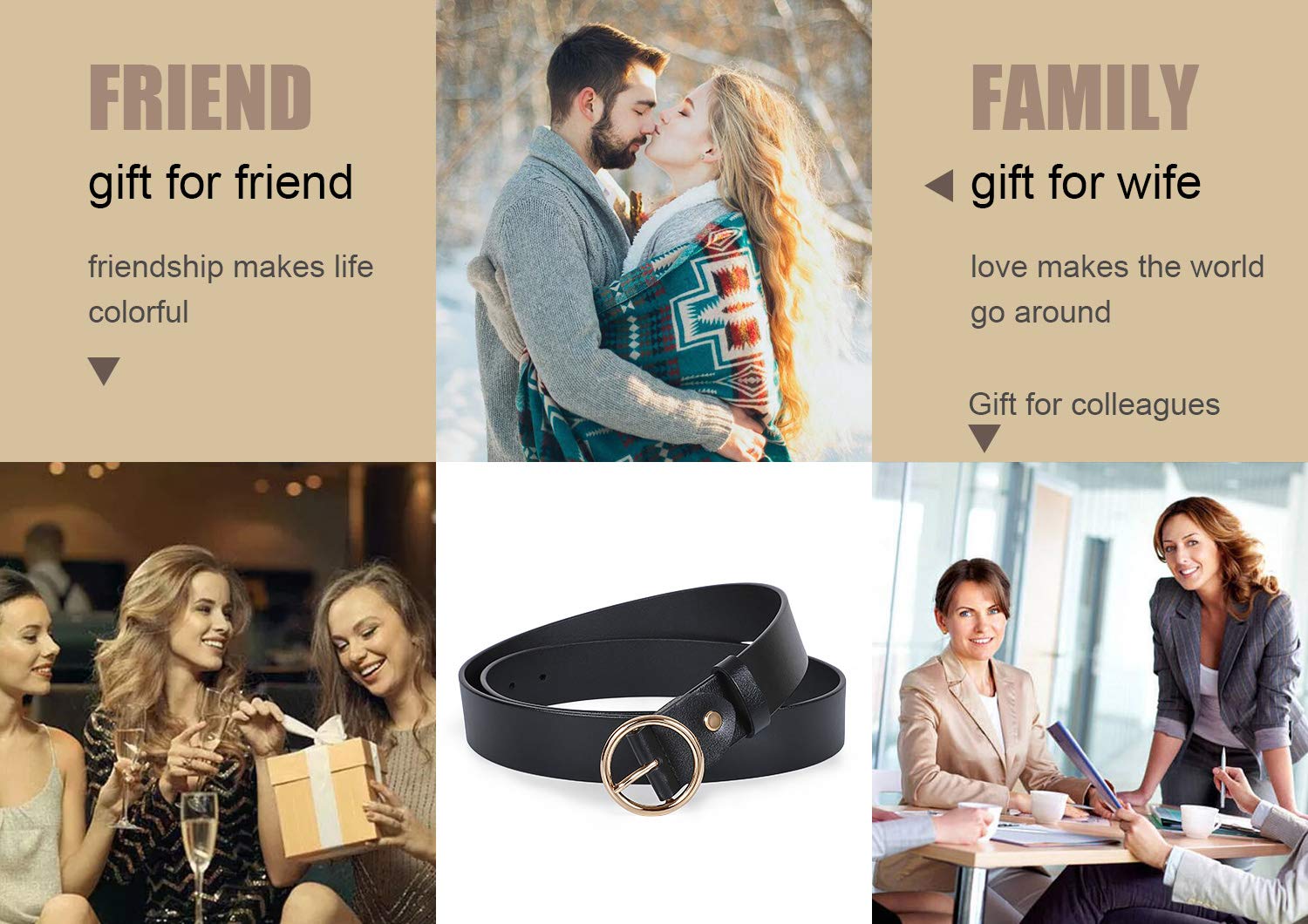 Ladies Leather O Ring Belt for Jeans Dress with Golden Round Buckle(Suit for waist size 36-40 Inches, black)