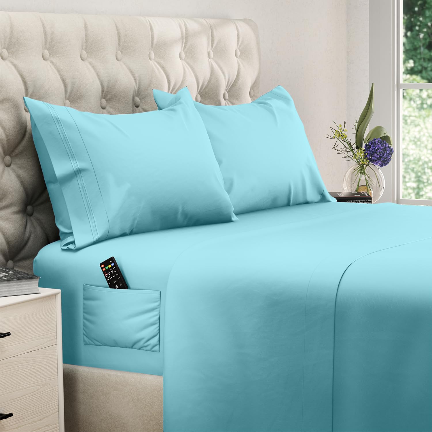 DREAMCARE Full Size Sheets Set - 4 Pcs Cooling Bed Sheets with Up to 15" Deep Pockets - Soft, Long-Lasting 100% Brushed Polyester with Side Pocket (Spa Blue)