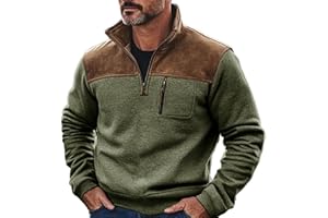 Men's Vintage Quarter Zip Pullover - Western Cowboy Style Stand Collar Sweater, Jacquard Print with Elbow Patches