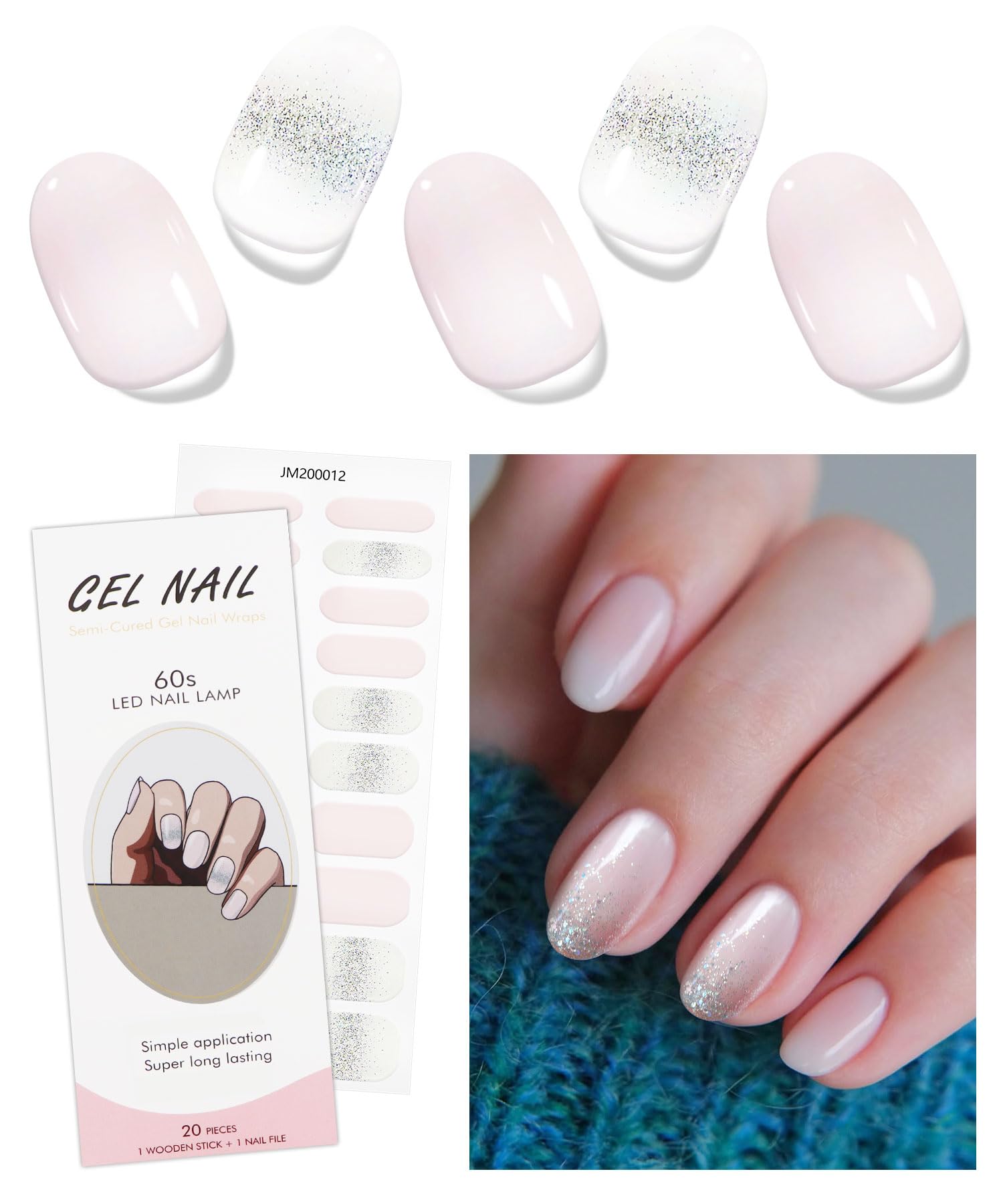 JMEOWIO Gel Nail Stickers Cream Pink White Glitter Christmas Semi Cured Gel Nail Strips Wraps UV/LED Nails Art Design Decoration Accessories