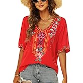 LauraKlein Women’s Mexican Embroidered Tops for Women Boho Blouse for Women Summer Short Sleeve Floral Hippie Shirts Tunics