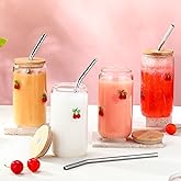 Meanplan 4 Pcs Icon Juice Glass Tumblers - 17 oz Cherry Icon Glass Cups with Lid, Straw and Cleaning Brush, Tea Beer Coffee Soda Glassware for Halloween Thanksgiving Christmas Party Gifts