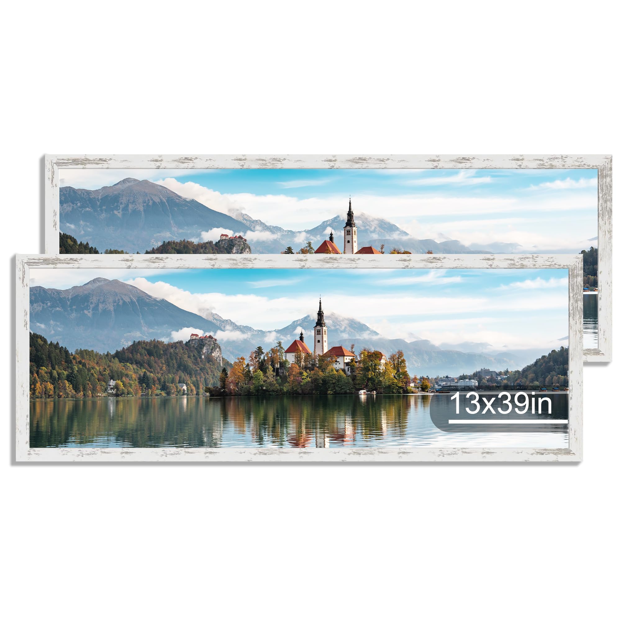Hongkee 13x39 Puzzle Frame 2 Packs, Real Glass and Distressed White Wood Frame, Display Panoramic 13 x 39 Picture Frames - Horizontal or Vertical Wall Mounting Image