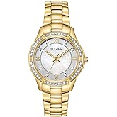 Bulova Ladies' Crystal Stainless Steel 3-Hand Quartz Watch, White Mother-of-Pearl Dial