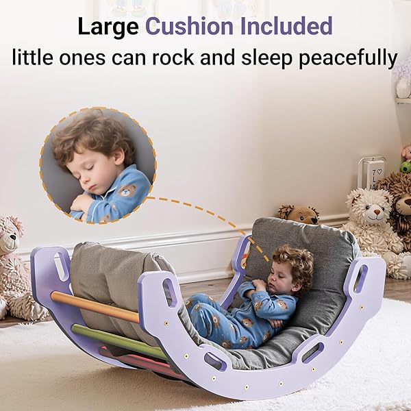 COSYLAND KIDS CLIMBING ARCH ROCKER WITH CUSHION – SOLID WOODEN TODDLER CLIMBING TOYS INDOOR WITH HANDRAILS ON EACH SIDE – INDOOR PLAYGROUND ARCH PIKLER CLIMBING LADDER (PURPLE FRAME, RAINBOW STICKS)