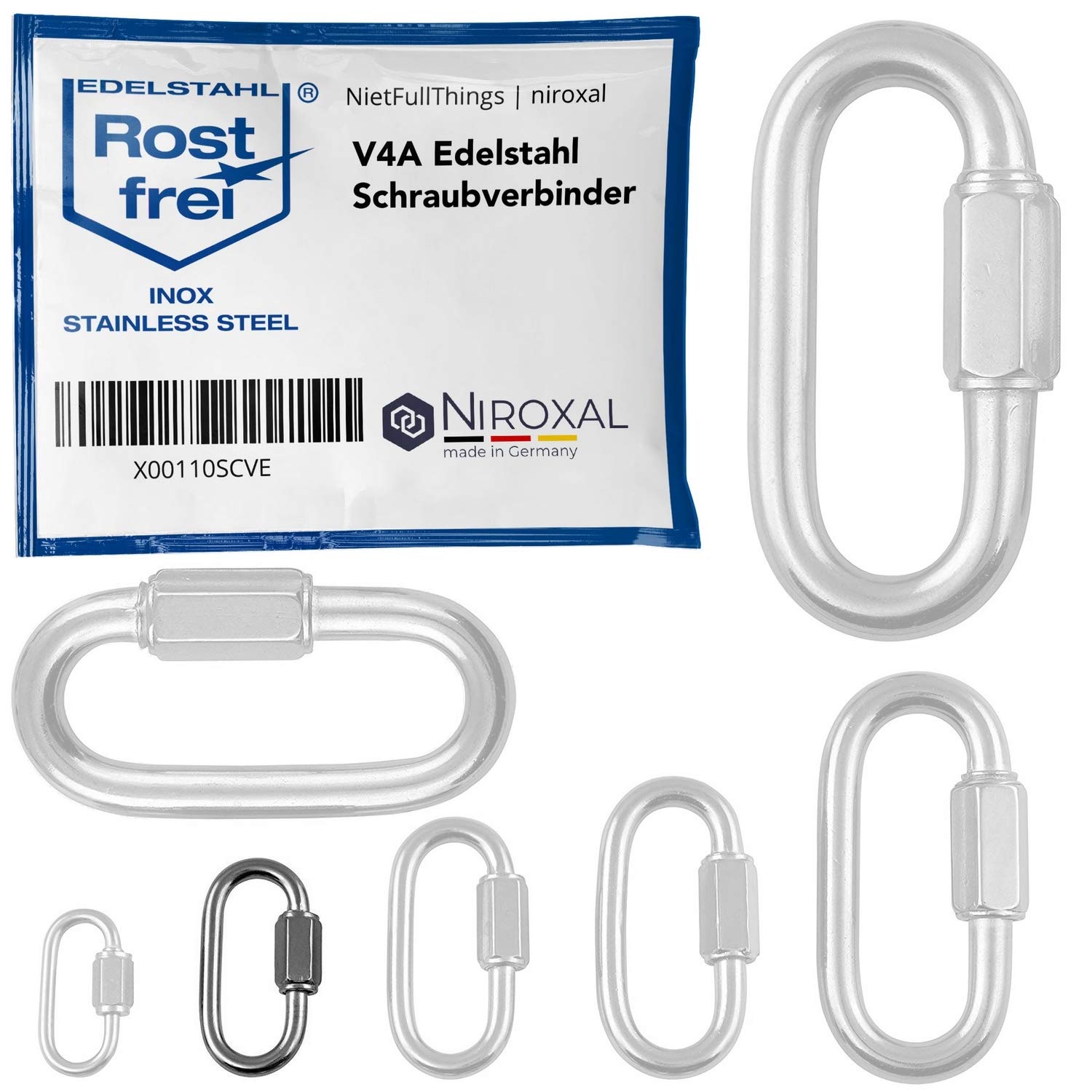 NietFullThings 4 mm Stainless Steel Quick Link Heavy Duty Screw Link Chain Connector Marine Grade V4A 316 Breaking Load 600 kg Pack of 50