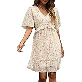 Manydress Women's Chiffon Floral Print V Neck Casual Mini Boho Ruffle Swing Dress MY068