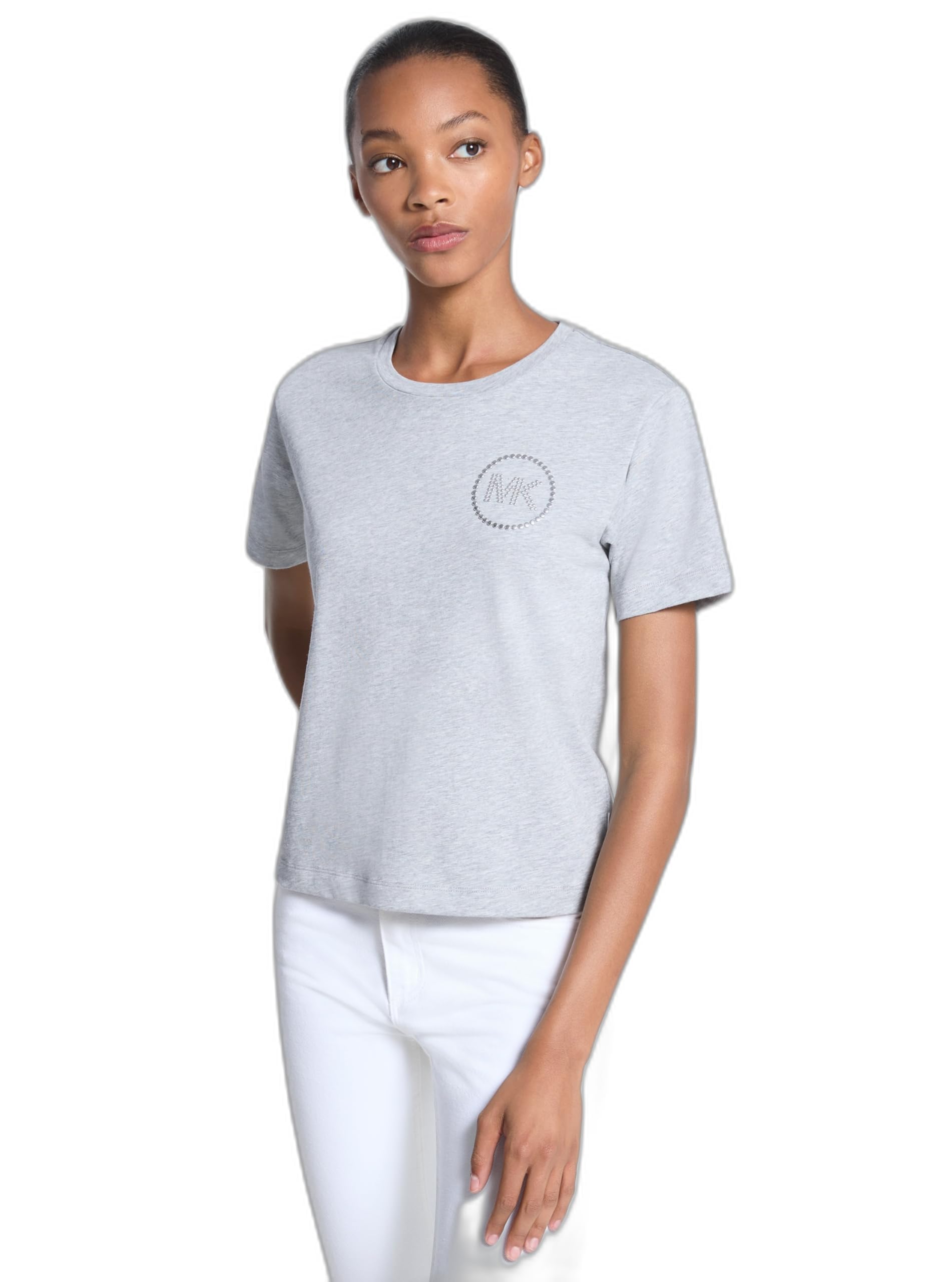 Michael Kors Women’s Stud MK Charm Crop Tee, Pearl Heather, Small