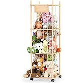 Dayacoco Stuffed Animal Storage with Brake Wheels, Wood Stuffy Animal Storage Zoo Holder Bin, Large Capacity Toy Organizer with Elastic Band and Net for Nursery Play Room Bedroom (Pine Wood 54in)