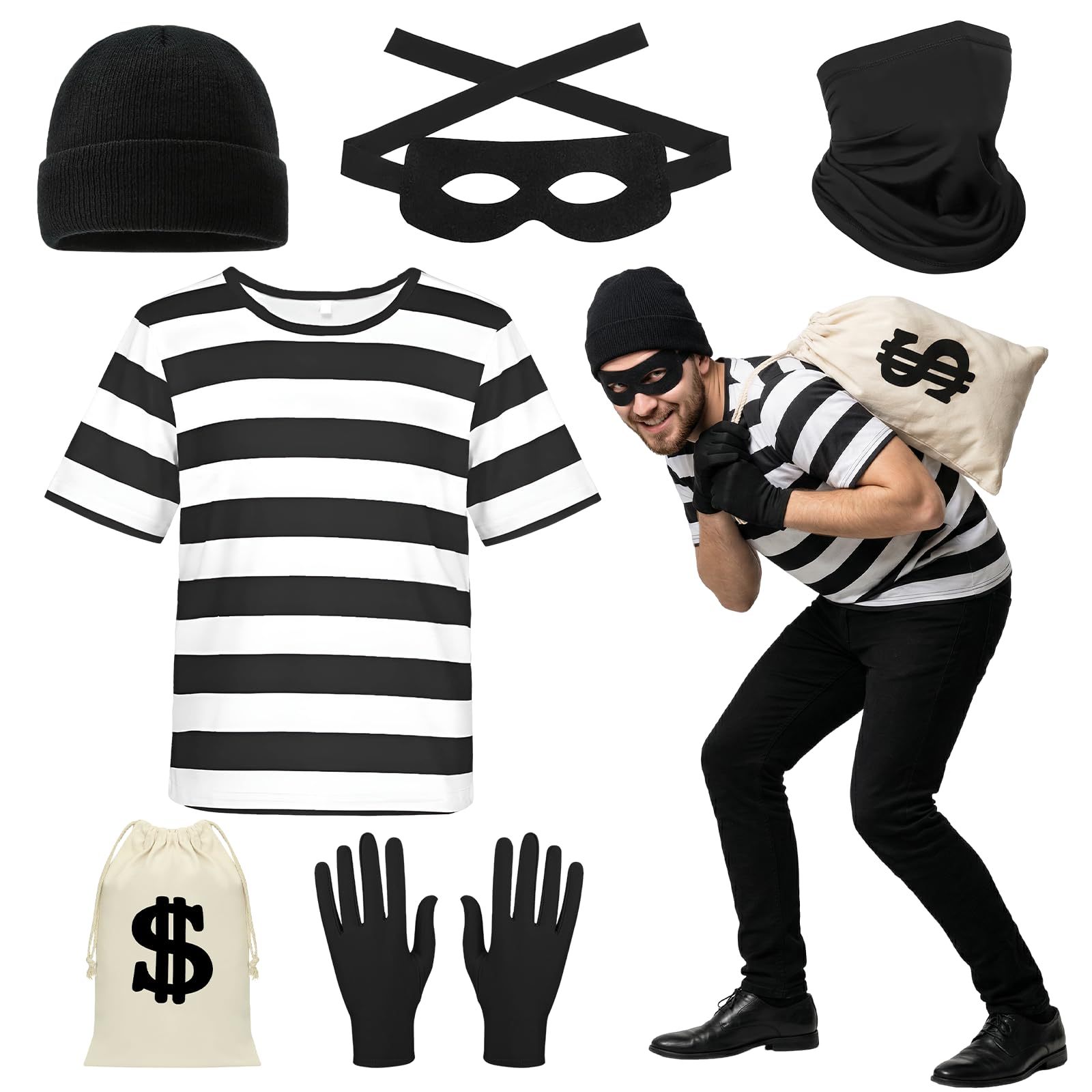 Adult Robber Fancy Dress Costume Set – 6 Piece Burglar Outfit Kit with Black & White Striped T-Shirt, Dollar Swag Bag, Beanie Hat, Eye Mask, Snood & Gloves for Halloween, World Book Day Events (L)