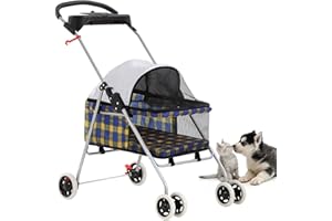 BestPet Pet Stroller 4 Wheels Posh Folding Waterproof Portable Travel Cat Dog Stroller with Cup Holder (Yellow Plaid)