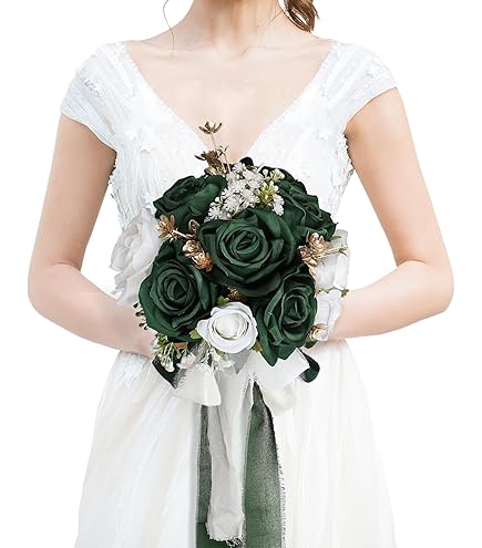 Amazon.com: XINNI Emerald Green Wedding Bridal Toss Bouquet for Bride  Bridesmaid Satin Rose Flower Wedding Bouquet with Drop-Shaped Rhinestones  Dark Green and Ivory : Home & Kitchen