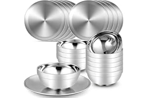 10 Sets Stainless Steel Plates and Bowls, Stainless Steel Dinnerware Set Double Walled Insulated Soup Bowls Metal Camping Pla