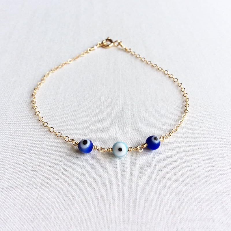 Gold Evil Eye Bracelet in Gold Filled, 14K Gold or Sterling Silver chain Handmade