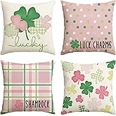 AVOIN colorlife ST Patricks Day Lucky Charm Shamrock Throw Pillow Covers, 18 x 18 Inch Buffalo Plaid Clover Pink Decorations for Sofa Couch Set of 4