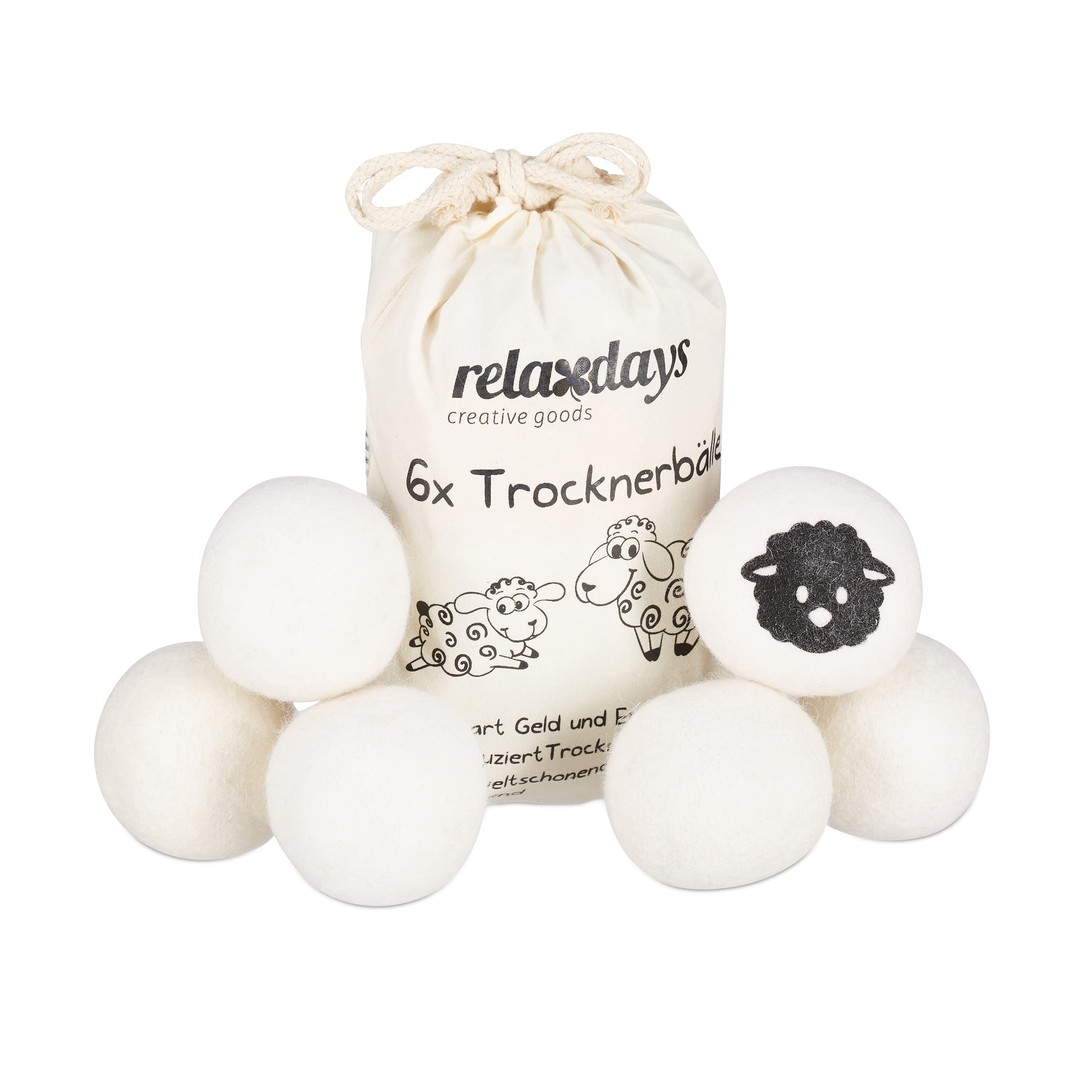Relaxdays XXL Wool Dryer Balls, Set of 6 New Zealand Balls, Eco-Friendly, Ø 7 cm, White