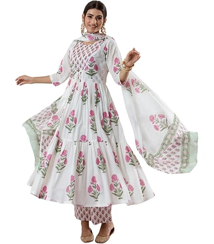 ladyline Womens 100% Cotton Jaipuri Printed Salwar Kameez Suit – Ethnic Kurta, Pants & Mal Dupatta Set