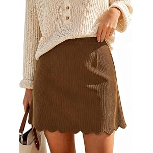 Yousify Womens Corduroy Mini Skirt High Waisted Scalloped Short Skirts | A-Line, Zipper, Bodycon, Soft Comfy, Dressy Casual,