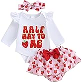 Lefyira Half Birthday Outfit Baby Girl Romper Ruffle Bloomer Shorts Headband Set 1/2 Birthday Outfit Strawberry Clothes