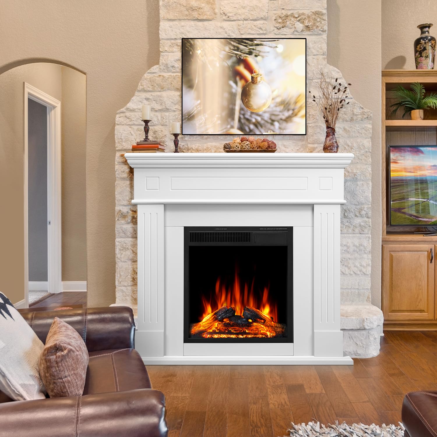 Photo 1 of 43” Electric Fireplace Mantel Freestanding Electric Fireplace, Remote Control, Adjustable Led Flame, 750W/1500w PEARLWHITE