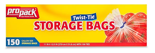 PROPACK DISPOSABLE PLASTIC STORAGE BAGS WITH ORIGINAL TWIST TIE, 1 GALLON SIZE, 150 BAGS, GREAT FOR HOME, OFFICE, VACATION, TRAVELING, SANDWICH, FRUITS, NUTS, CAKE, COOKIES, OR ANY SNACKS (1 PACKS)