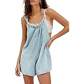 POTILI Denim Romper Overall Shorts for Women Adjustable Strap Tie Backless Jean Rompers Bib Shortalls with Pockets Summer