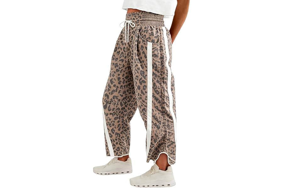 Fisoew Womens Baggy Wide Leg Pants Casual Elastic High Waisted Drawstring Printed Workout Sweatpants