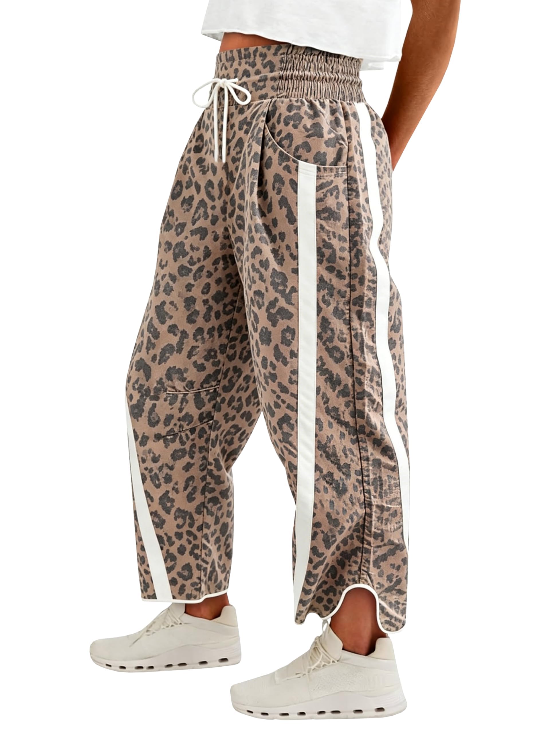 Fisoew Womens Baggy Wide Leg Pants Casual Elastic High Waisted Drawstring Printed Workout Sweatpants