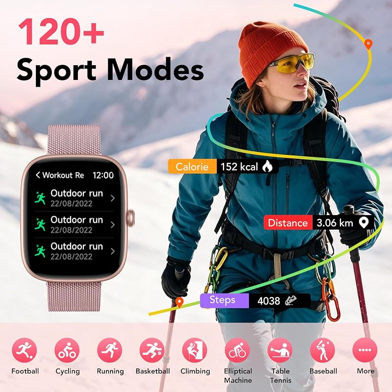 Smartwatch Damen mit 2 Armbänder, 1.83" HD Smart Watch mit Bluetooth-Anruf, IP68 Fitnessuhr Damen mit SpO2, Pulsmesser, Schlafmonitor, Stressüberwachung, Schrittzähler, 120+ Sportmodi — Foto 6 von 8