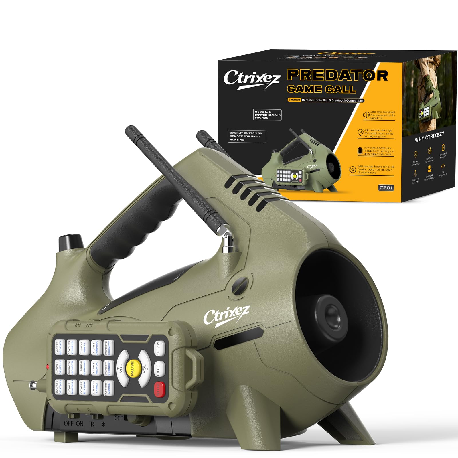 Photo 1 of Ctrixez Predator Call - Electronic Coyote Caller, 30 Sounds Incl Perfect for Coyote, Fox, Raccoon, Cottontail Hunting Calls, 400 Yard Remote Range, 8-Bay Long Lasting, Ash Brown