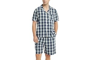 Vulcanodon Mens Cotton Pajama Set Short Sleeve, Button Down Pajama Set for Men Lightweight Men's Sleepwear