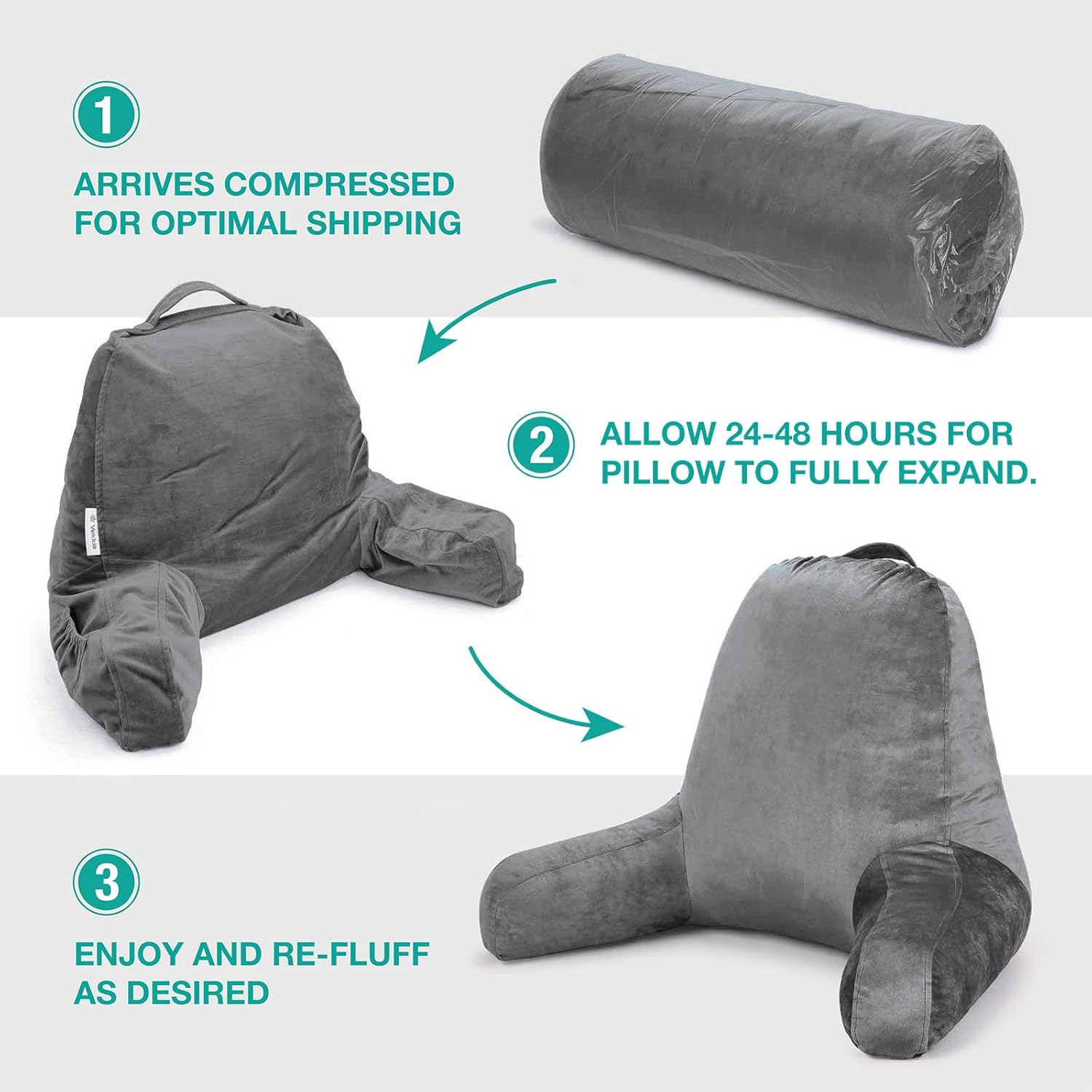 Vekkia Back Pillows for Sitting in Bed/Reading & Bed Rest Pillow for Study/Reading/Watching TV Backrest Pillow with Arms Sit Up Extra Foams Incl. Bed Chair Suitable for Adults and Kids (Grey 20in): Home Improvement