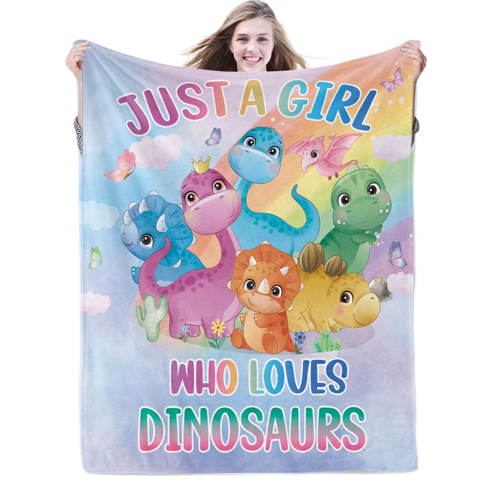 Domgoge Just a Girl Who Loves Dinosaurs Blanket Cute Dino Throw Blankets Gifts for Girls Kids Warm Soft Plush Lightweight Flannel Fleece Blanket All Season for Couch Sofa, 130cm x 152cm