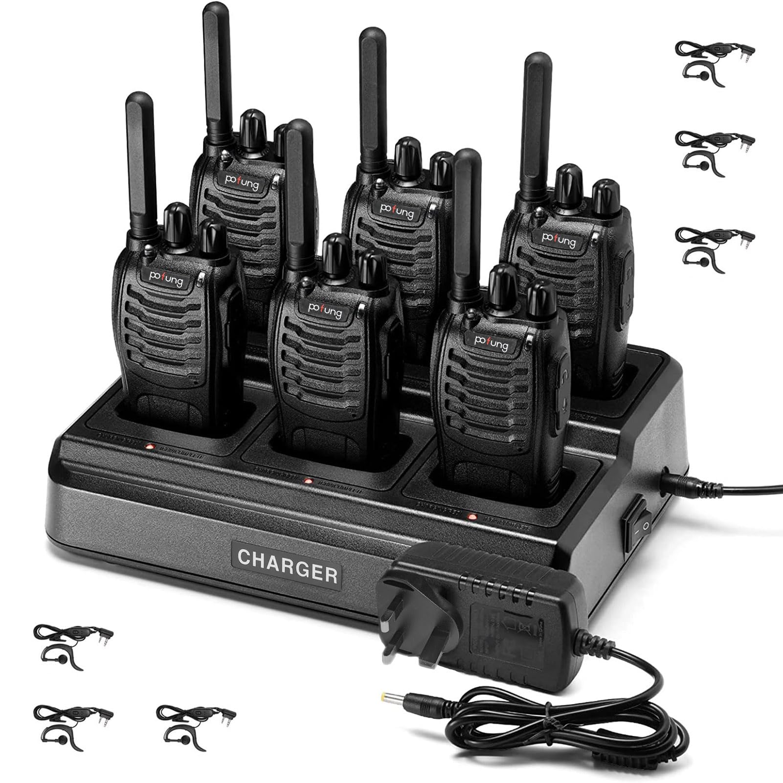 Walkie Talkies PMR446 Long Range 2 Way Radio pofung PT88E License Free Walkie Talkie for Adults Rechargeable with 6 Way Charger Earpieces VOX Flashlight for Warehouse Security Church (Black 6 Pack)